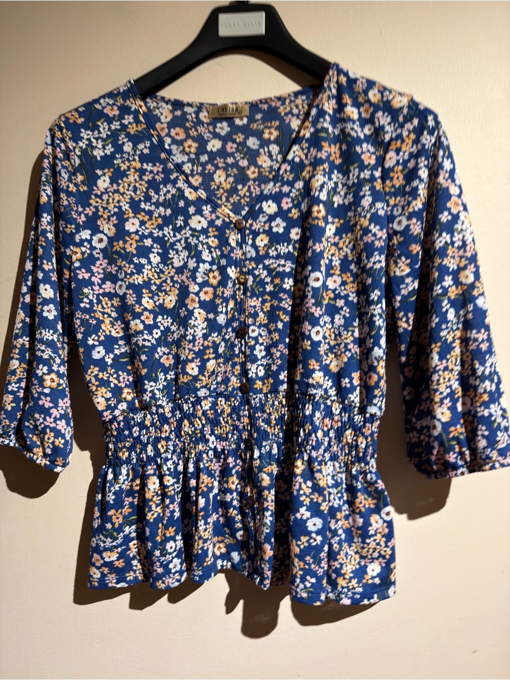 Lavish Navy Floral V-Neck Smocked Waist Blouse